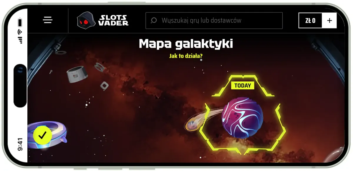 Mapa galaktyki i postęp w programie — widok panelu kasyna
